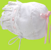 Betty Ann White Eyelet Bonnet with Pink Ribbon 