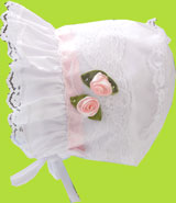 Betty Ann White Bonnet with Lace and Ribbon Roses