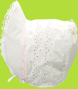 Betty Ann Double Heart Embroidered Open Back Bonnet with Pink Ribbon