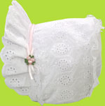 Betty Ann Geometric Embroidered Bonnet w/Pink Ribbon