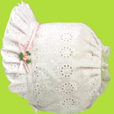 Betty Ann Geometric Embroidered Open Back Bonnet w/Pink Ribbon