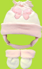 Betty Ann Ivory & Pink Butterfly Fleece Hat & Mitten Set 