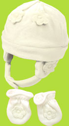 Betty Ann Ivory Fleece Flowers Hat and Mitten Set