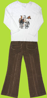 CR Kids White Three Horses Long Sleeve Shirt for Toddlers with Brown Fringed Corduroy Pants