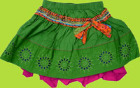 Catimini Spirit Denim Indain Rose T-shirt, Green Skirt, and Striped Tights with Leg Warmers