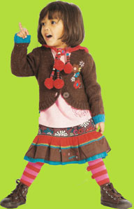 Catimini Spirit City Chocolate Knit Cardigan, Tiered Skirt and Red/Pink Stripe Tights