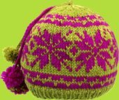 Hand Knit Moss/Purple Snow Flake Hat for ages 7 to 14 years