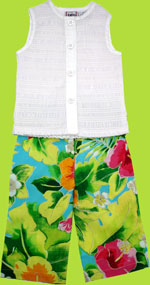 Cotton Kids White Smocked Blouse with Island Fun Print Clam Diggers