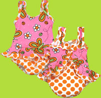 Flap Happy Butterfly Blooms Cotton Swim Diaper Suit w/Ruffle and Contrasting Polka Dots UPF 50+ 