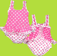 Flap Happy Pink Dot Swim Diaper Suit with Ruffle and Bow in the back UPF50+