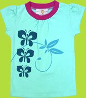 Positively Organic Puff Sleeve Hawaian Flower Butterflies Tee w/Raspberry Trim