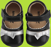 Smaller Luna Black Leather Mary Jane With Silver Bow 
