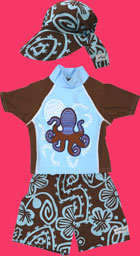 Flap Happy Sun UPF 50+ Rash Guard and Island Doodle Flap Hat and Swim Trunks
