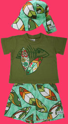 Flap Happy Wacky Surfboards Swim Trunk w/Tidpaer, T-shirt and Hat