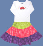 Young Colors Bug Motif Long Sleeve Shirt and Patchwork Skirt
