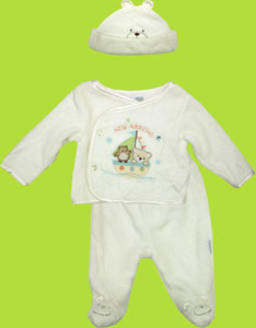 Vitamins Baby Ivory Velour "New Arrival" Unisex Three Piece Baby Clothing Set