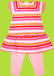 Zutano Toddler Pink/Red Bold Stripe Short Sleeve Henley Dress and Pink Leggings