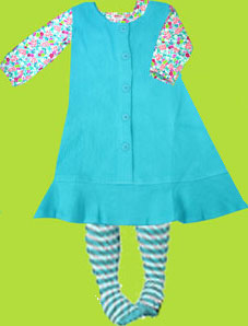 Zutano Toddler Pool Cotton Sherpa Jumper Dress and Pool/White Stripe Tights