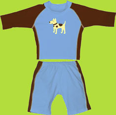 Blue and Brown Two Piece Swim Diaper Sun Protective Swim Suit w/Dog UPF 50+