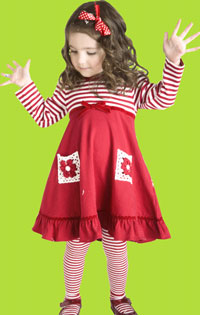 Le Top "Deck The Halls" Dress w/ Crochet Pockets and Red and White Stripe Tights