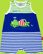 le top Royal Blue and Lime Stripe Romper with Frog Applique