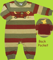 le top Great Outdoors Heathered Stripe Coverall with Ranger Truck and Puppy Applique