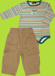 rabbit moon robot striped bodysuit and brown canvas pant