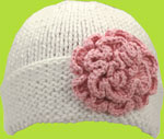 Hand Knit Children's Hat White Hat w/Light Pink Flower