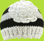 Black and White Stripe Hand Knit Kids Hat w/Large Crocheted Flower
