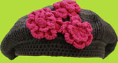 Charcoal Grey Hand Knit Girls Beret With Three Hot Pink Crochteed Flowers 