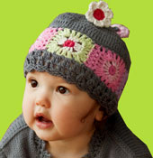 2 H Hand Knits Pewter Crochet Hat w/Patches for Children