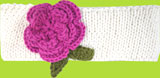 White hand knit baby headband with Fuchsia Crochet Flower