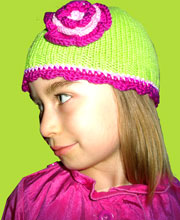 Hand Knit Isadora Lime Green Hat w/Fuchsia and Pink Flower