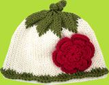 Hand Knit Baby Hats Ivory with Green Top and Red Flower