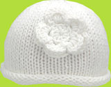 White hand knit Baby Hat w/White Crochet Flower