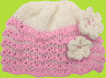 White and Pink Hand Knit Baby Hat w/Crochet Flowers