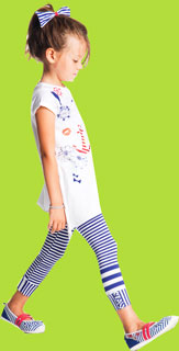 Deux par Deux Gate to the Beach Whote Jersey Tunic and Blue and White Striped Leggings