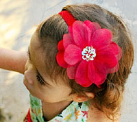 Large Red Sheer Petal Flower on Swiss Velvet Head Band on model
