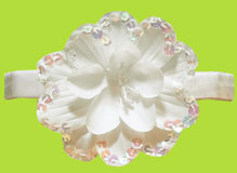 No Slippy Hair Clippy White Sequin Beaded Flower on Swiss Satin Band 