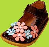 Pipsqueaks Chocolate Brown Mary Jane with Decorative Pink and Blue Flowers