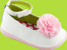 Wee Squeak White Leather Ankle Strap Squeaky Mary Jane w/Pink Peony Flower